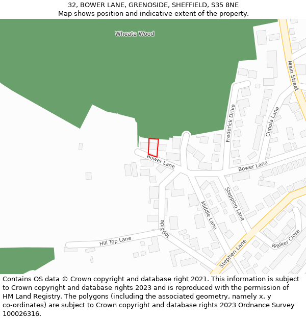 32, BOWER LANE, GRENOSIDE, SHEFFIELD, S35 8NE: Location map and indicative extent of plot