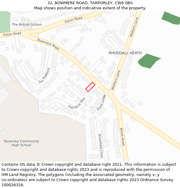 32, BOWMERE ROAD, TARPORLEY, CW6 0BS: Location map and indicative extent of plot