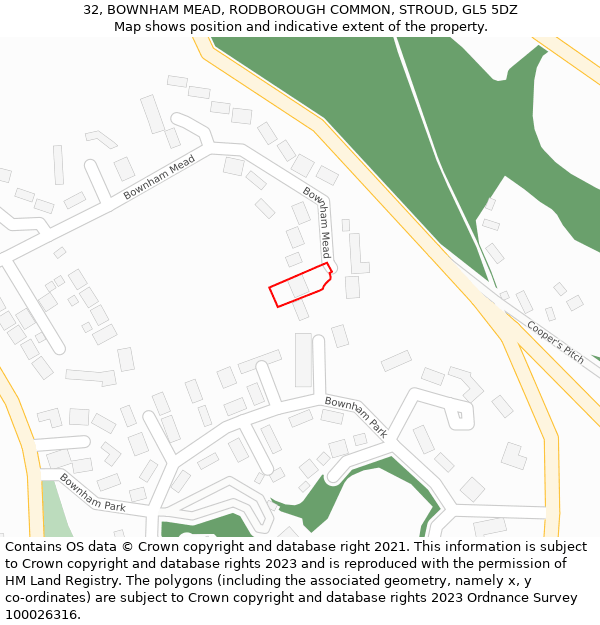 32, BOWNHAM MEAD, RODBOROUGH COMMON, STROUD, GL5 5DZ: Location map and indicative extent of plot