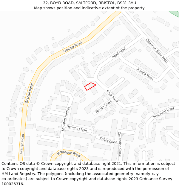 32, BOYD ROAD, SALTFORD, BRISTOL, BS31 3AU: Location map and indicative extent of plot