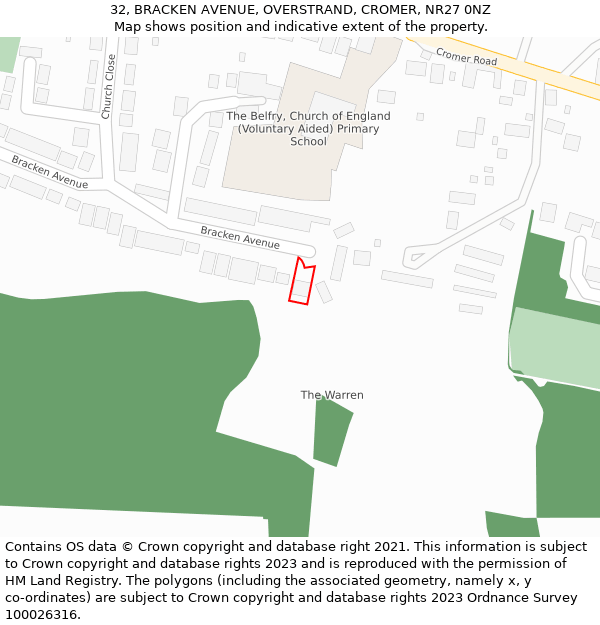 32, BRACKEN AVENUE, OVERSTRAND, CROMER, NR27 0NZ: Location map and indicative extent of plot