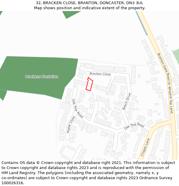 32, BRACKEN CLOSE, BRANTON, DONCASTER, DN3 3UL: Location map and indicative extent of plot