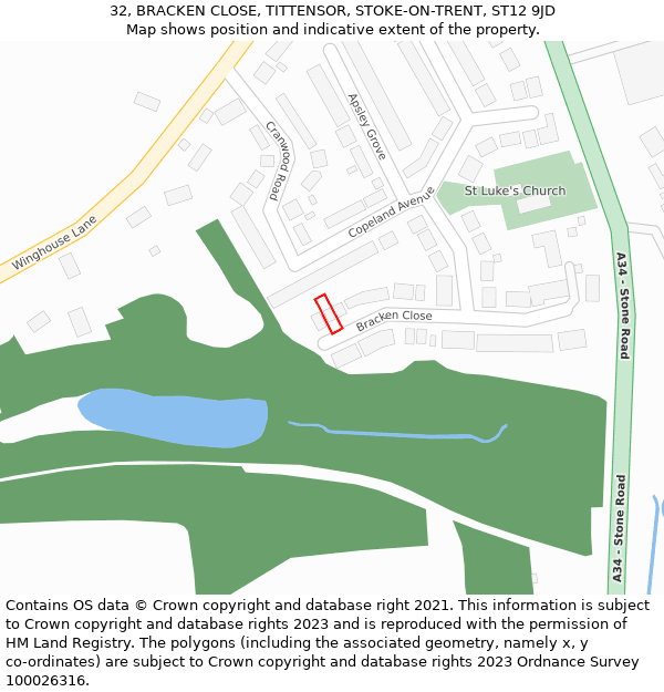 32, BRACKEN CLOSE, TITTENSOR, STOKE-ON-TRENT, ST12 9JD: Location map and indicative extent of plot
