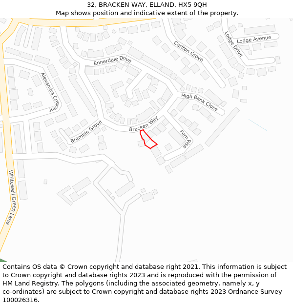 32, BRACKEN WAY, ELLAND, HX5 9QH: Location map and indicative extent of plot