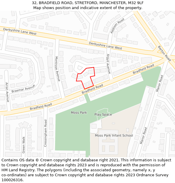 32, BRADFIELD ROAD, STRETFORD, MANCHESTER, M32 9LF: Location map and indicative extent of plot