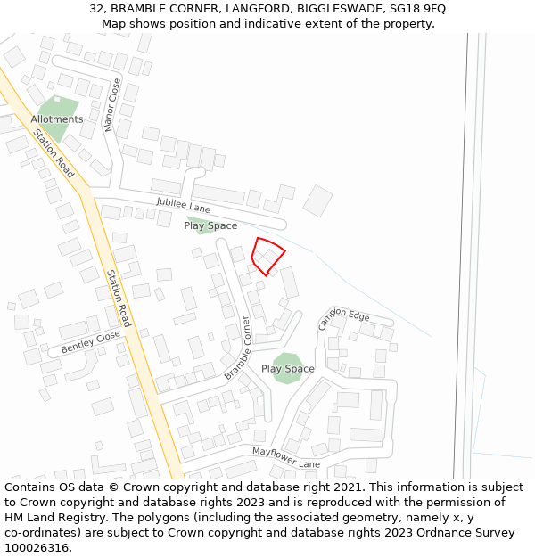 32, BRAMBLE CORNER, LANGFORD, BIGGLESWADE, SG18 9FQ: Location map and indicative extent of plot