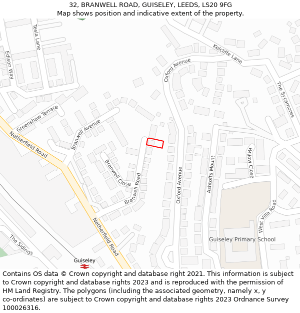32, BRANWELL ROAD, GUISELEY, LEEDS, LS20 9FG: Location map and indicative extent of plot
