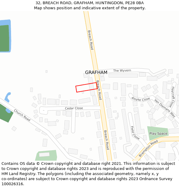 32, BREACH ROAD, GRAFHAM, HUNTINGDON, PE28 0BA: Location map and indicative extent of plot