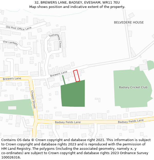 32, BREWERS LANE, BADSEY, EVESHAM, WR11 7EU: Location map and indicative extent of plot