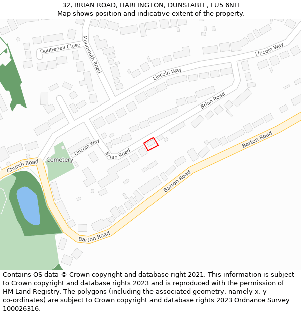 32, BRIAN ROAD, HARLINGTON, DUNSTABLE, LU5 6NH: Location map and indicative extent of plot