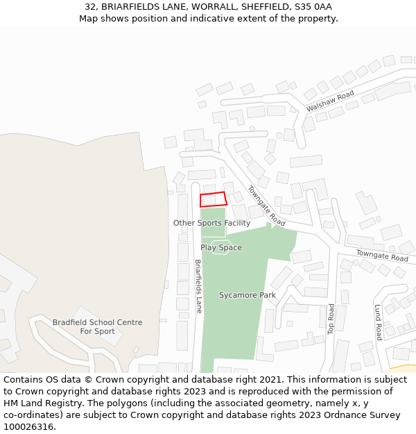 32, BRIARFIELDS LANE, WORRALL, SHEFFIELD, S35 0AA: Location map and indicative extent of plot
