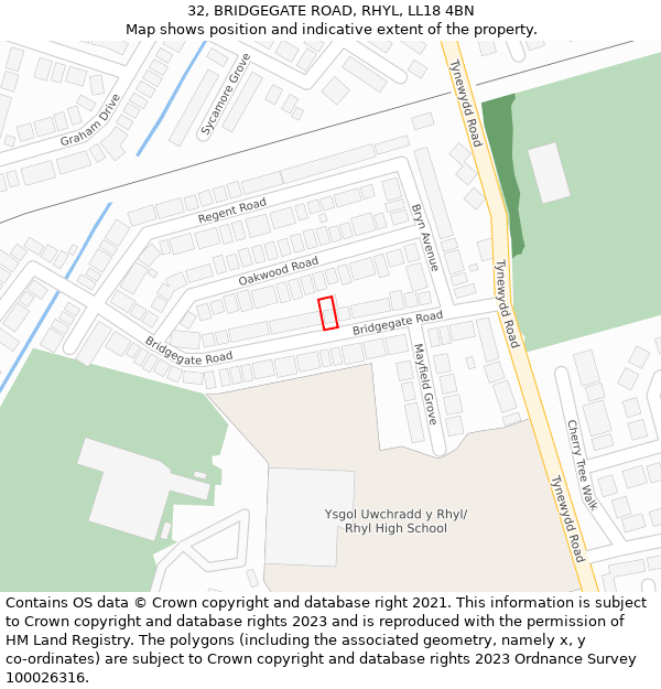 32, BRIDGEGATE ROAD, RHYL, LL18 4BN: Location map and indicative extent of plot