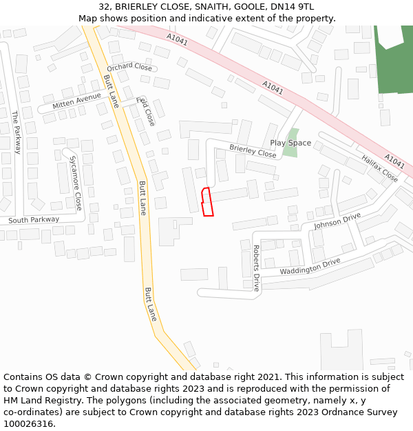 32, BRIERLEY CLOSE, SNAITH, GOOLE, DN14 9TL: Location map and indicative extent of plot