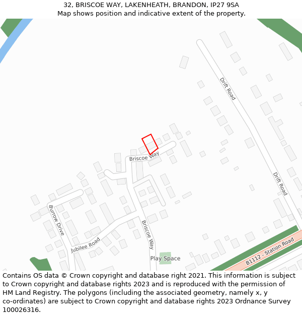 32, BRISCOE WAY, LAKENHEATH, BRANDON, IP27 9SA: Location map and indicative extent of plot