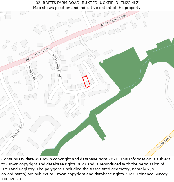 32, BRITTS FARM ROAD, BUXTED, UCKFIELD, TN22 4LZ: Location map and indicative extent of plot