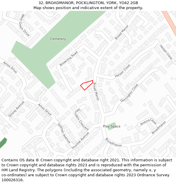 32, BROADMANOR, POCKLINGTON, YORK, YO42 2GB: Location map and indicative extent of plot