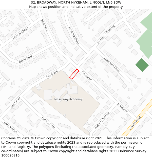 32, BROADWAY, NORTH HYKEHAM, LINCOLN, LN6 8DW: Location map and indicative extent of plot