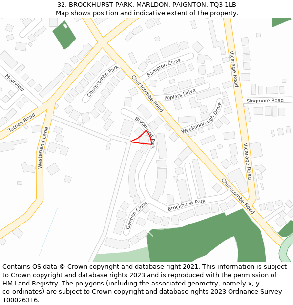 32, BROCKHURST PARK, MARLDON, PAIGNTON, TQ3 1LB: Location map and indicative extent of plot