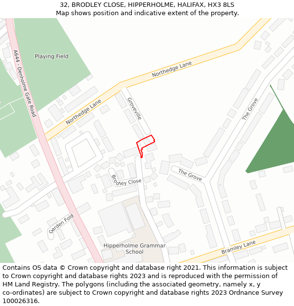 32, BRODLEY CLOSE, HIPPERHOLME, HALIFAX, HX3 8LS: Location map and indicative extent of plot