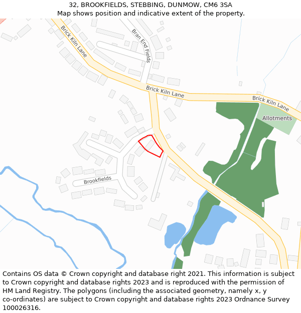 32, BROOKFIELDS, STEBBING, DUNMOW, CM6 3SA: Location map and indicative extent of plot