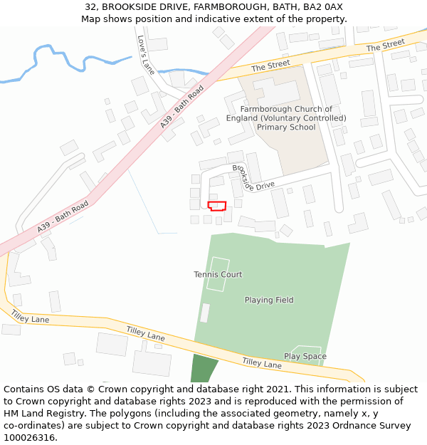 32, BROOKSIDE DRIVE, FARMBOROUGH, BATH, BA2 0AX: Location map and indicative extent of plot