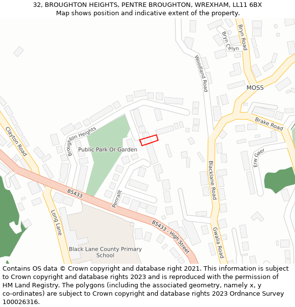 32, BROUGHTON HEIGHTS, PENTRE BROUGHTON, WREXHAM, LL11 6BX: Location map and indicative extent of plot