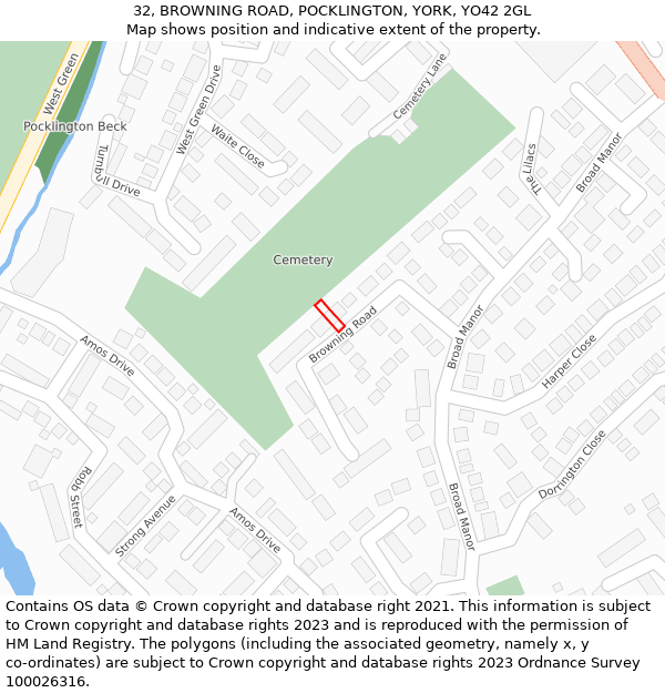 32, BROWNING ROAD, POCKLINGTON, YORK, YO42 2GL: Location map and indicative extent of plot