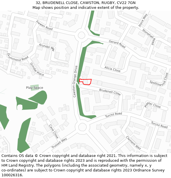 32, BRUDENELL CLOSE, CAWSTON, RUGBY, CV22 7GN: Location map and indicative extent of plot