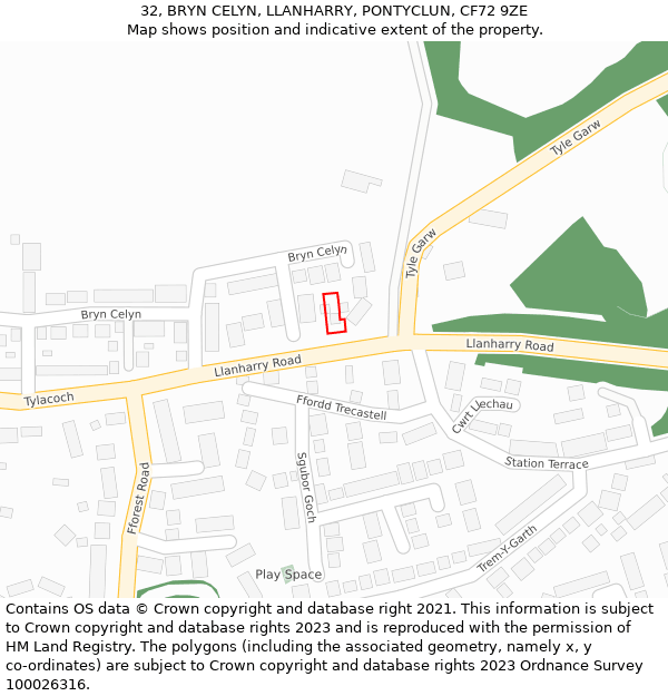 32, BRYN CELYN, LLANHARRY, PONTYCLUN, CF72 9ZE: Location map and indicative extent of plot