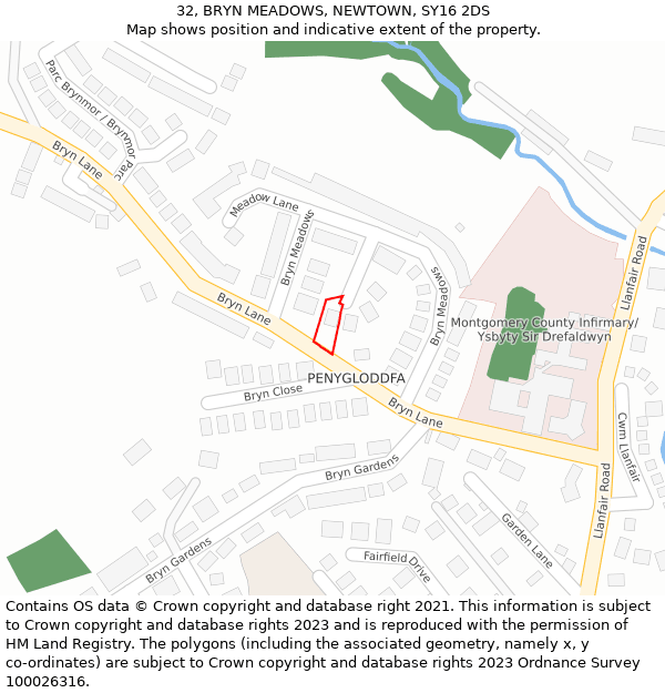 32, BRYN MEADOWS, NEWTOWN, SY16 2DS: Location map and indicative extent of plot