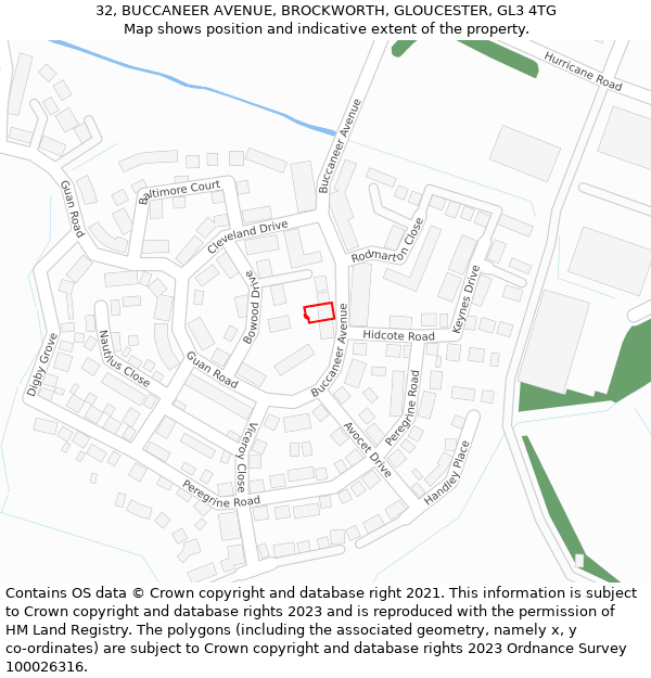 32, BUCCANEER AVENUE, BROCKWORTH, GLOUCESTER, GL3 4TG: Location map and indicative extent of plot