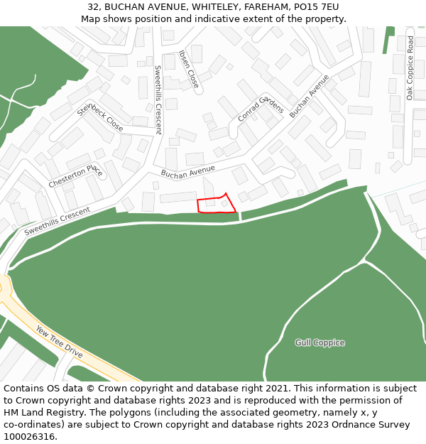 32, BUCHAN AVENUE, WHITELEY, FAREHAM, PO15 7EU: Location map and indicative extent of plot