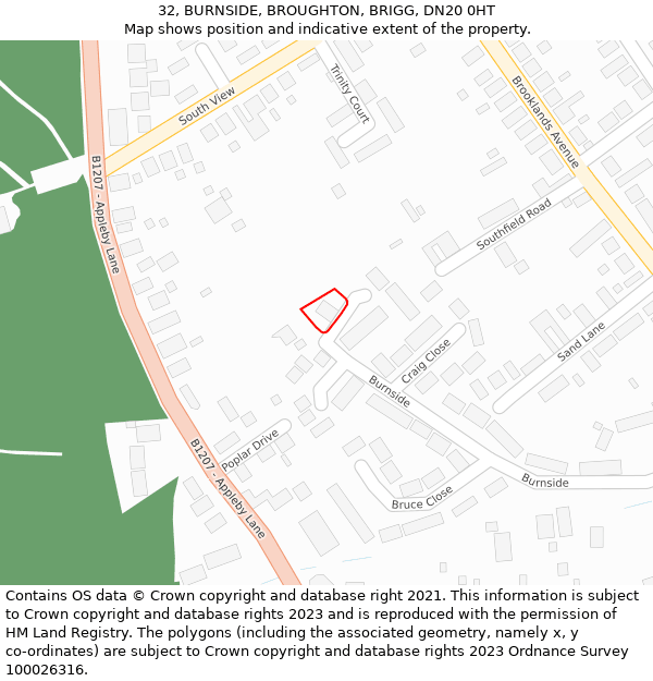 32, BURNSIDE, BROUGHTON, BRIGG, DN20 0HT: Location map and indicative extent of plot