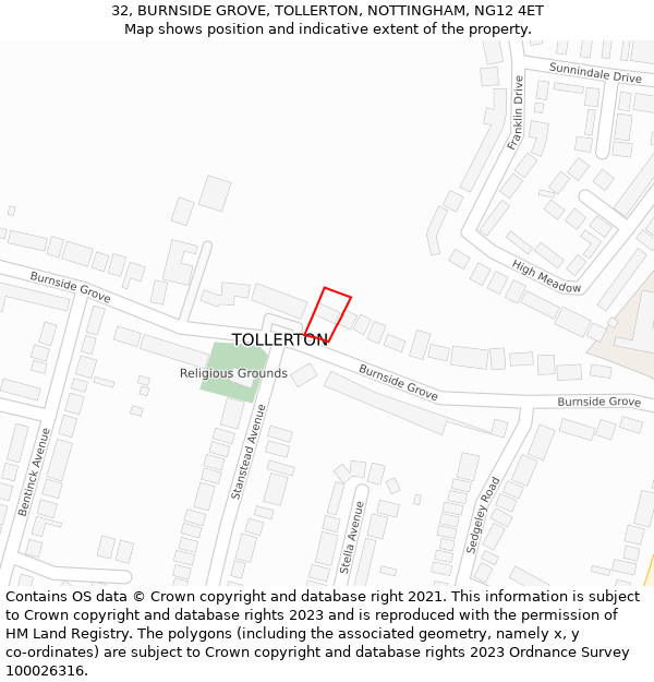 32, BURNSIDE GROVE, TOLLERTON, NOTTINGHAM, NG12 4ET: Location map and indicative extent of plot