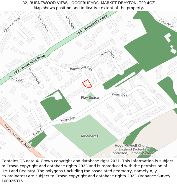 32, BURNTWOOD VIEW, LOGGERHEADS, MARKET DRAYTON, TF9 4GZ: Location map and indicative extent of plot