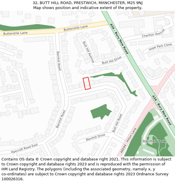 32, BUTT HILL ROAD, PRESTWICH, MANCHESTER, M25 9NJ: Location map and indicative extent of plot