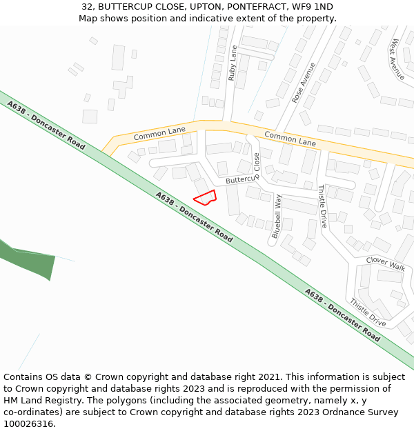 32, BUTTERCUP CLOSE, UPTON, PONTEFRACT, WF9 1ND: Location map and indicative extent of plot