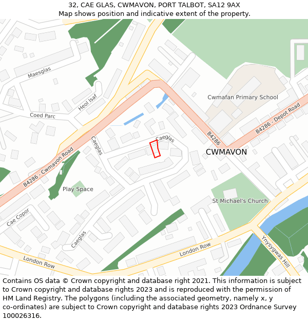 32, CAE GLAS, CWMAVON, PORT TALBOT, SA12 9AX: Location map and indicative extent of plot