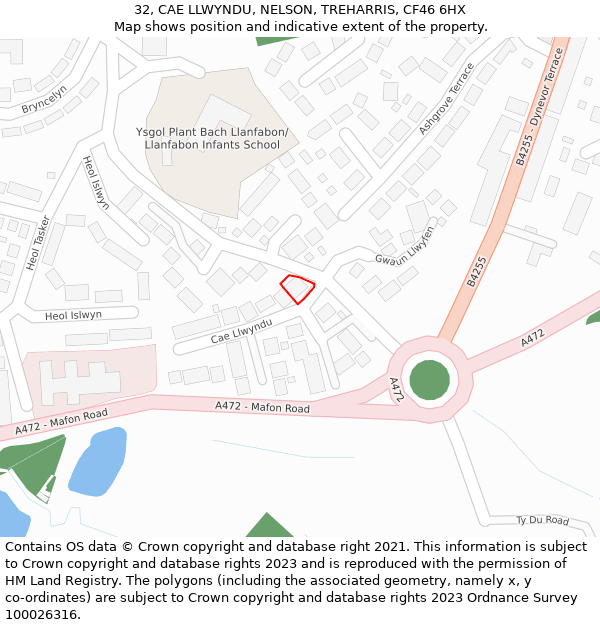 32, CAE LLWYNDU, NELSON, TREHARRIS, CF46 6HX: Location map and indicative extent of plot