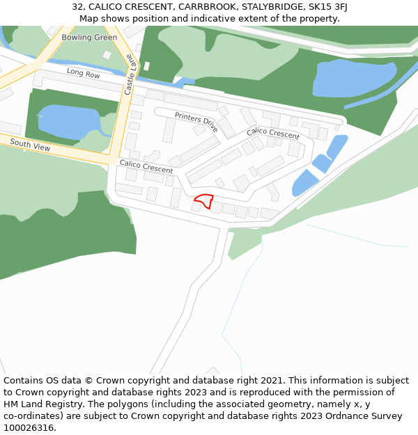 32, CALICO CRESCENT, CARRBROOK, STALYBRIDGE, SK15 3FJ: Location map and indicative extent of plot