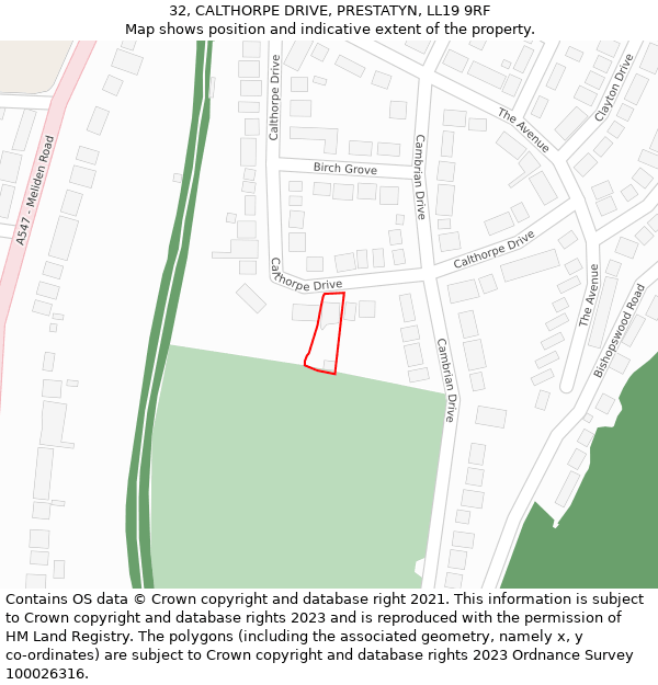 32, CALTHORPE DRIVE, PRESTATYN, LL19 9RF: Location map and indicative extent of plot