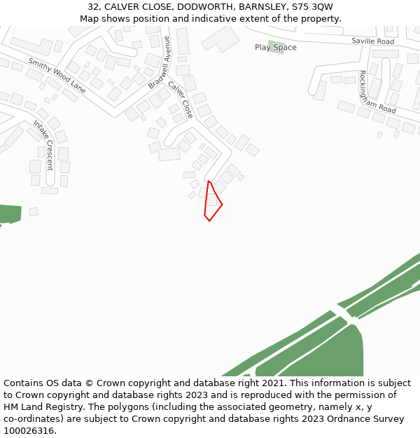 32, CALVER CLOSE, DODWORTH, BARNSLEY, S75 3QW: Location map and indicative extent of plot