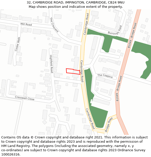 32, CAMBRIDGE ROAD, IMPINGTON, CAMBRIDGE, CB24 9NU: Location map and indicative extent of plot