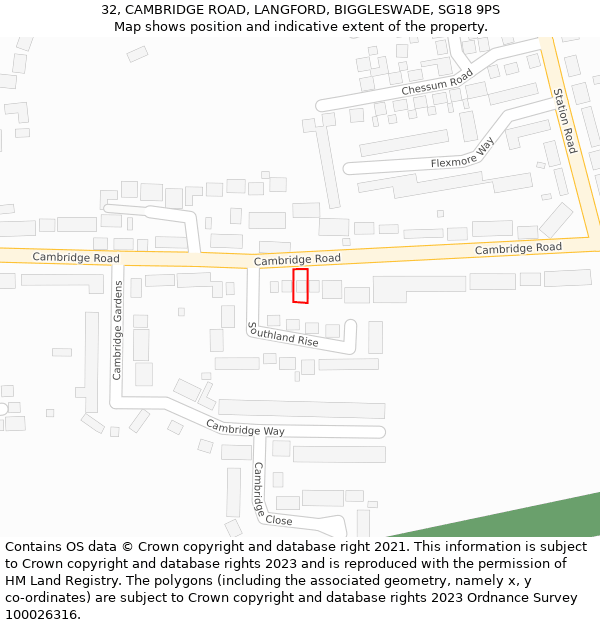 32, CAMBRIDGE ROAD, LANGFORD, BIGGLESWADE, SG18 9PS: Location map and indicative extent of plot