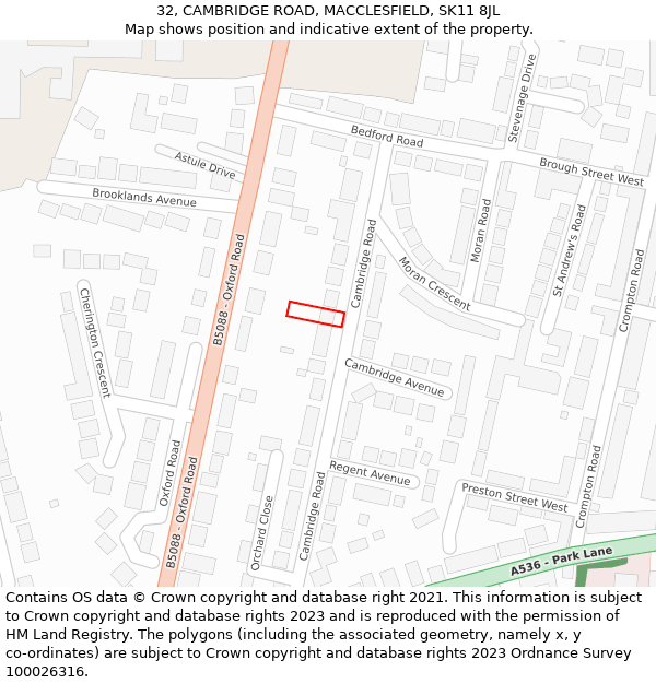 32, CAMBRIDGE ROAD, MACCLESFIELD, SK11 8JL: Location map and indicative extent of plot