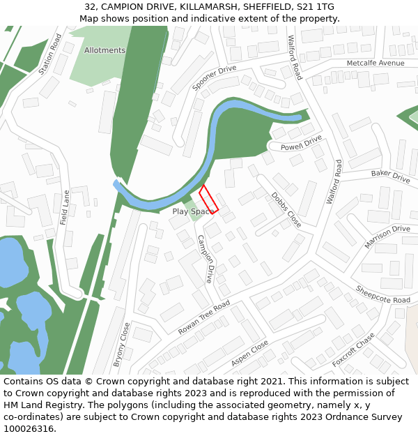 32, CAMPION DRIVE, KILLAMARSH, SHEFFIELD, S21 1TG: Location map and indicative extent of plot