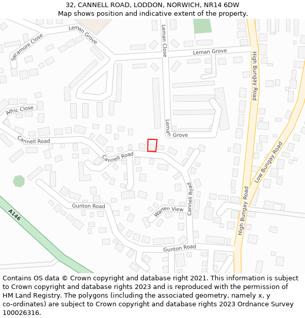 32, CANNELL ROAD, LODDON, NORWICH, NR14 6DW: Location map and indicative extent of plot