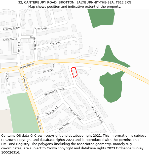 32, CANTERBURY ROAD, BROTTON, SALTBURN-BY-THE-SEA, TS12 2XG: Location map and indicative extent of plot