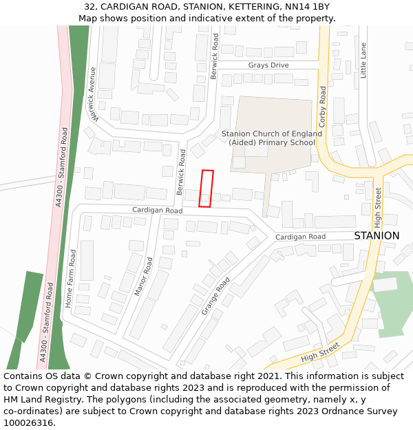 32, CARDIGAN ROAD, STANION, KETTERING, NN14 1BY: Location map and indicative extent of plot