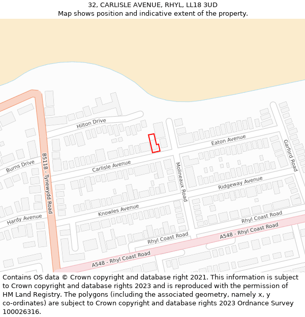 32, CARLISLE AVENUE, RHYL, LL18 3UD: Location map and indicative extent of plot